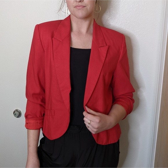 Vintage 80s Red Single Breasted Cropped Blazer, Union Made - Picture 6 of 10